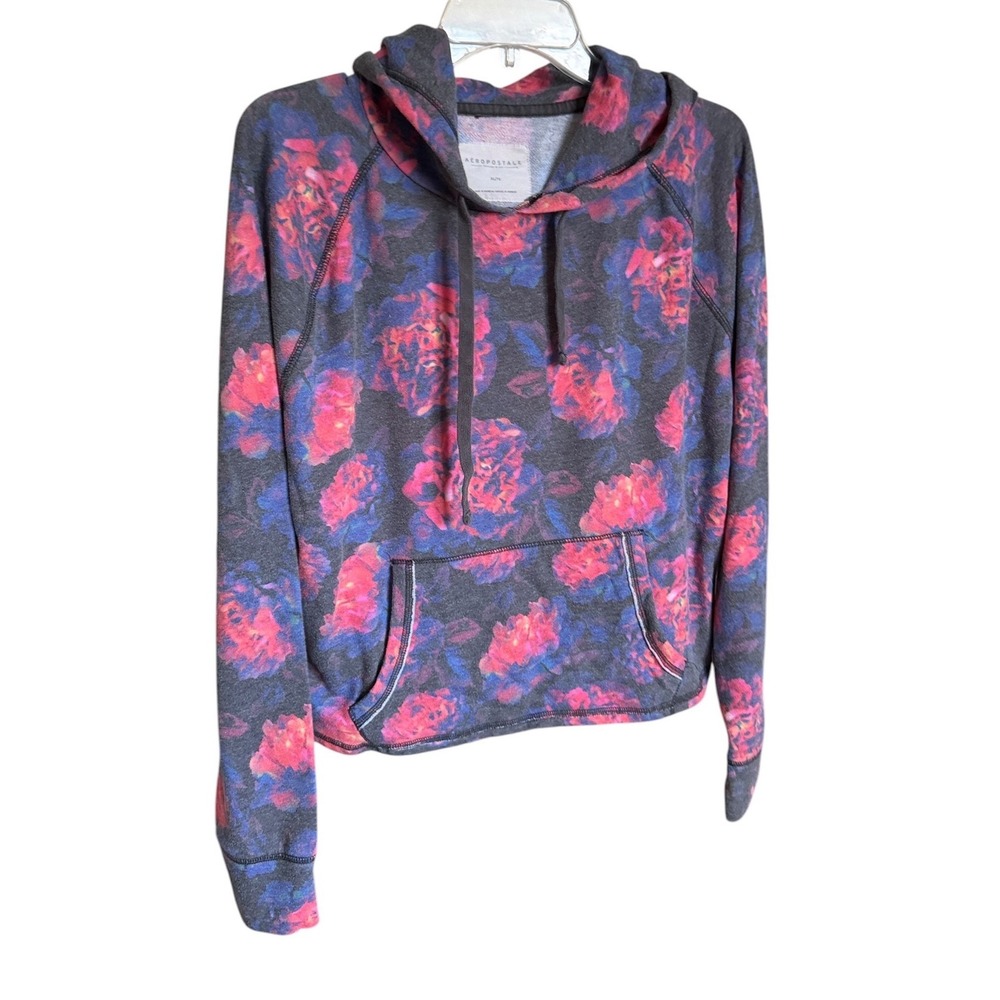 Aeropostale Womens XL Floral Hoodie Charcoal Grey Pink Purple Raglan Pullover